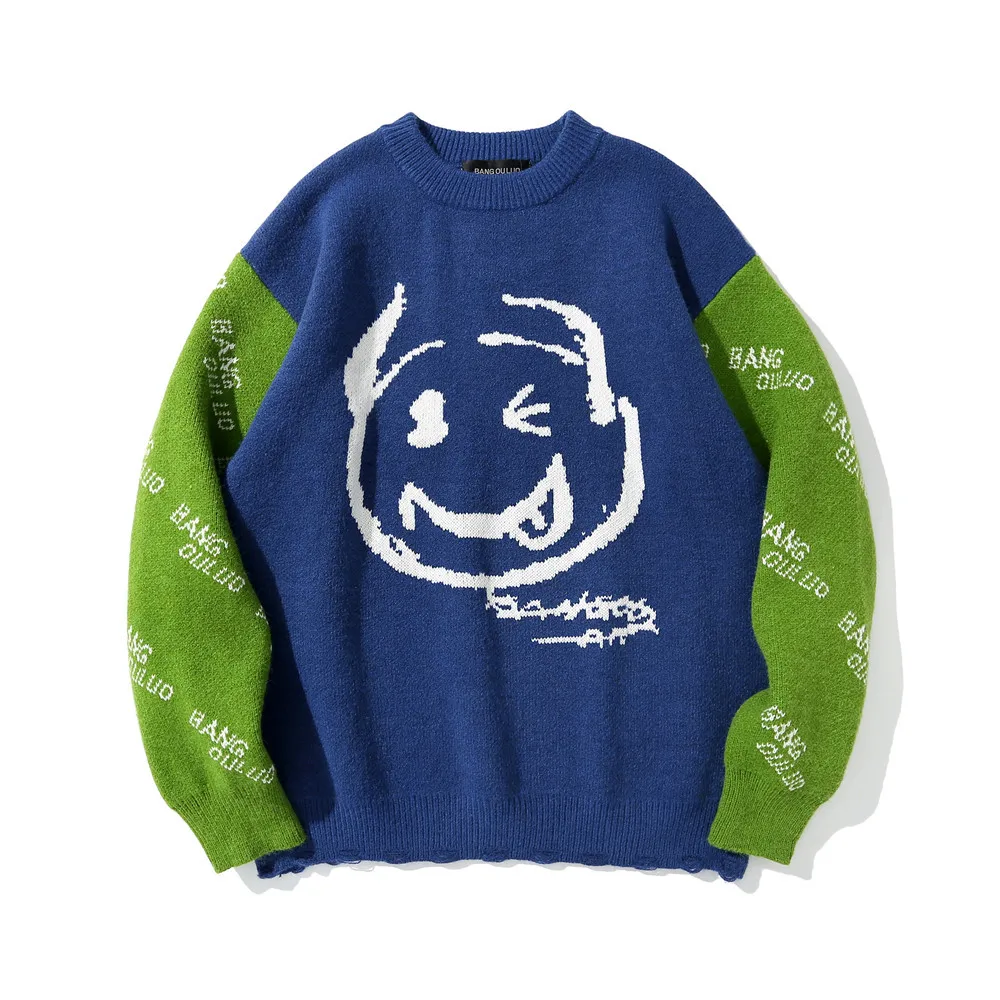Bump-color Stitched Cartoon Kale Knit Sweater Men's Color Sweater Loose Round Collared Sweater
Bump-color Stitched Cartoon Kale Knit Sweater Men's Color Sweater Loose Round Collared Sweater
