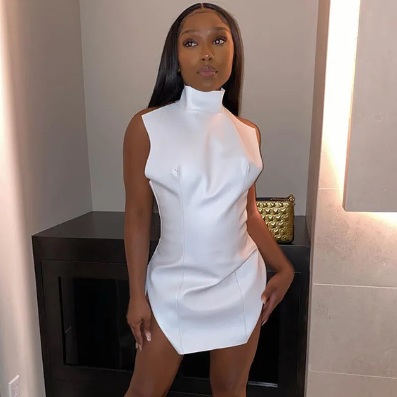 Turtle Neck Backless PU Leather Slit Sleeveles Ladies Club Wear Sexy Mini White Party Dress with Splits Short Women Dresses
Turtle Neck Backless PU Leather Slit Sleeveles Ladies Club Wear Sexy Mini White Party Dress with Splits Short Women Dresses