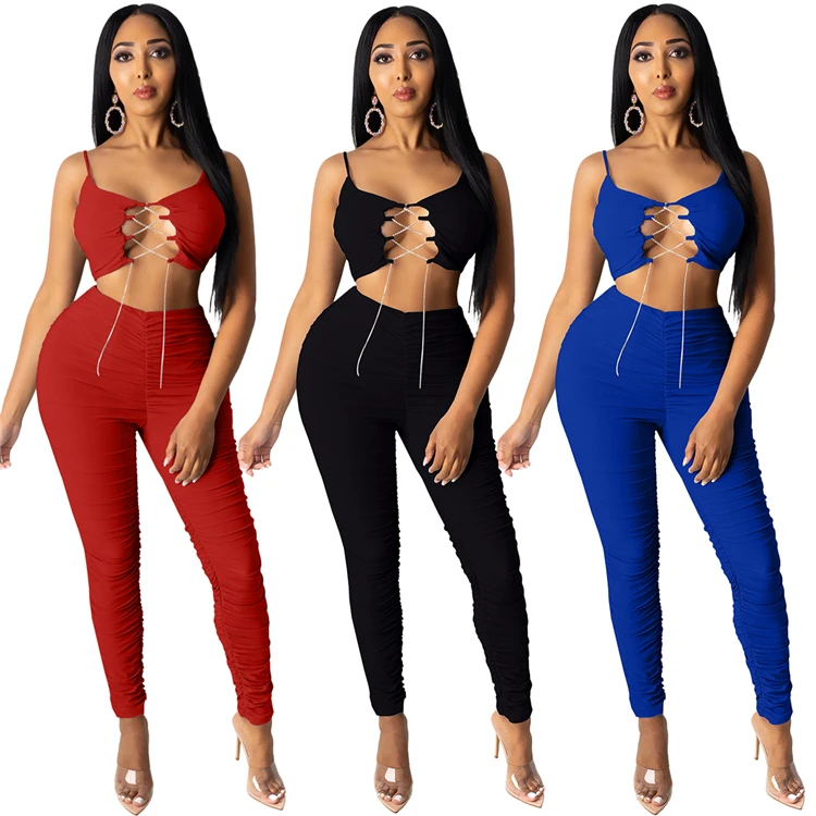 Trendy Female Sexy Outfits Strap 2pcs Bandage Tops Wrinkle Pants Plus Size Summer Club Wear Women Two Piece Set, Picture
Trendy Female Sexy Outfits Strap 2pcs Bandage Tops Wrinkle Pants Plus Size Summer Club Wear Women Two Piece Set, Picture