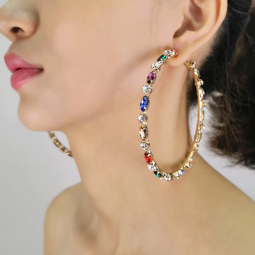 European Hot Sale 18K Gold Plated Geometric Big Earrings Statement Bling Colorful Rhinestone Crystal Large Round Hoop Earrings
European Hot Sale 18K Gold Plated Geometric Big Earrings Statement Bling Colorful Rhinestone Crystal Large Round Hoop Earrings