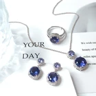 Women Jewelry Women Jewelry Blue Sapphire Diamond Pendant Necklaces Ring And Earring Plated Jewelry Sets