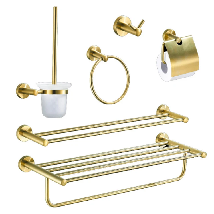 6 piece Luxury Brushed gold Stainless steel Bathroom accessories Wall mounted accessory Set
6 piece Luxury Brushed gold Stainless steel Bathroom accessories Wall mounted accessory Set