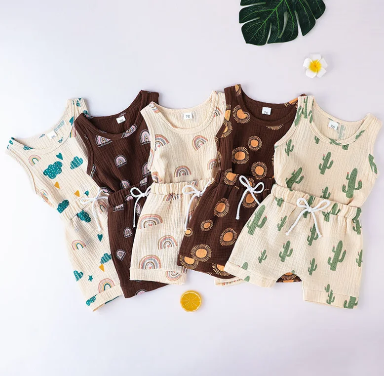 

Summer Cotton Comfortable Wear Casual Infant Boy Kids Rainbow Cute Print Romper Set With Sleeveless Tank Top And String Elastic, Plaid