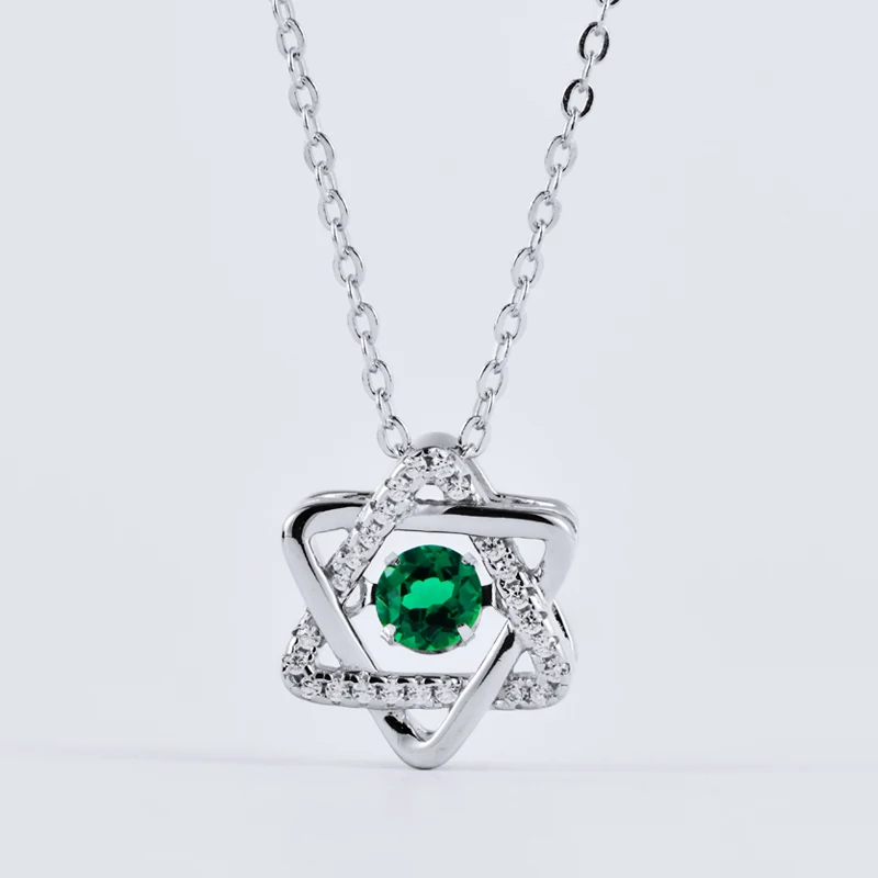 

Hexagram star shape pendant lab grown emerald round stone 925 sterling silver necklace