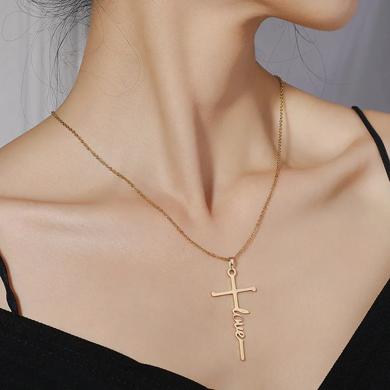 Stainless Steel Cross Pendant Necklace Individuality Meaning Family Hope Love Religious Titanium Steel Clavicle Chain Necklaces 
Stainless Steel Cross Pendant Necklace Individuality Meaning Family Hope Love Religious Titanium Steel Clavicle Chain Necklaces