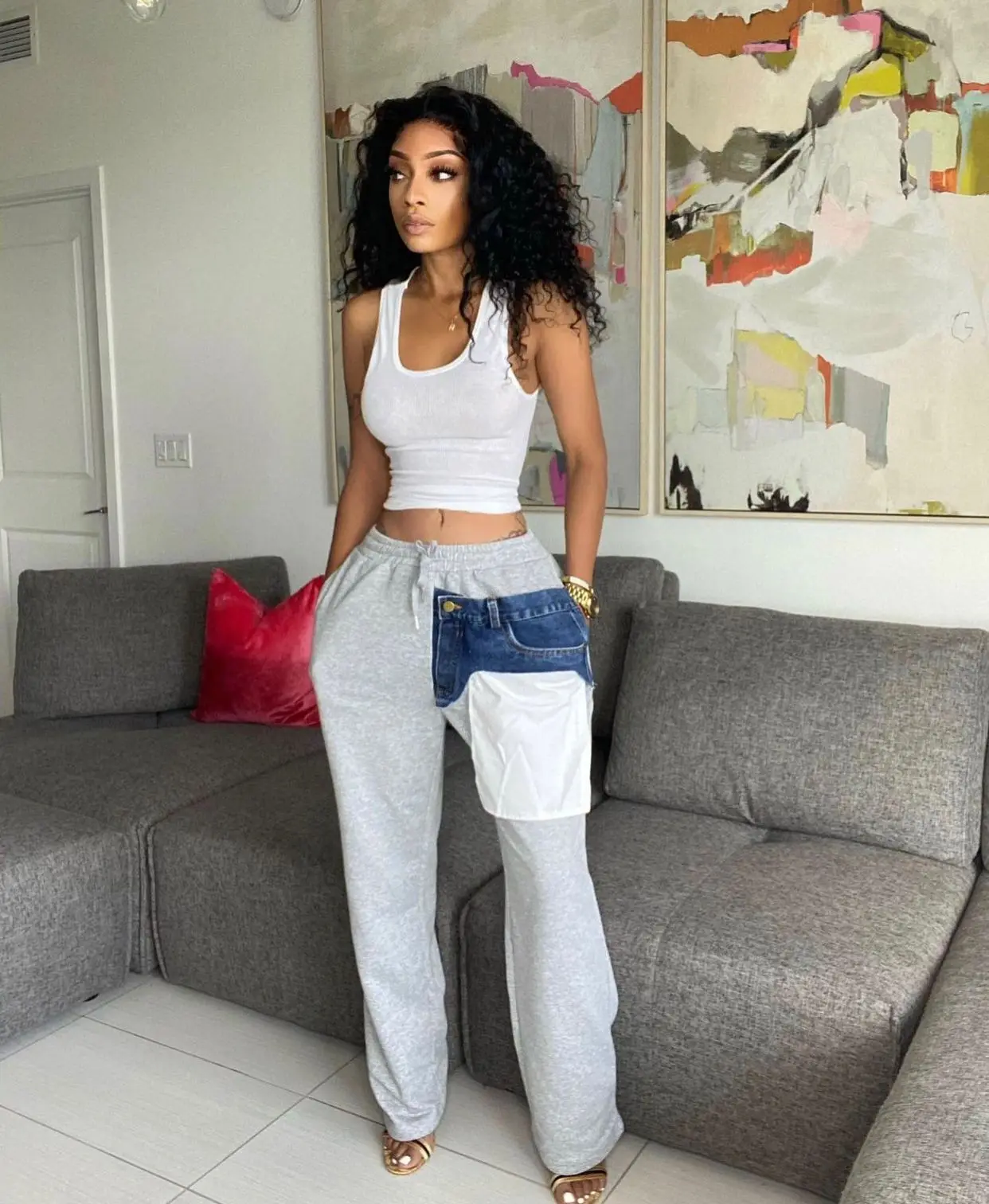 21 Ladies Denim Patchwork Gray Sports Jogger Elastic Waist Women's Cotton Trousers Wide Leg Loose High Waist Track Casual Pants, Black/gray
21 Ladies Denim Patchwork Gray Sports Jogger Elastic Waist Women's Cotton Trousers Wide Leg Loose High Waist Track Casual Pants, Black/gray