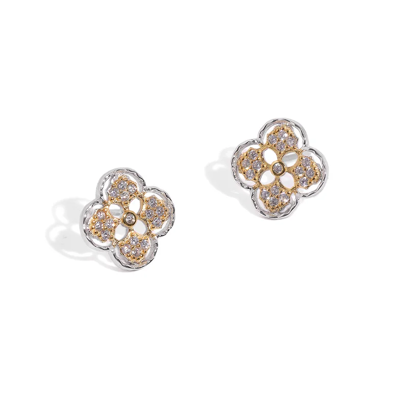 

Vintage Elegant Two Tone Color Stud Earrings 925 Sterling Silver Pave Zircon Lucky Four Leaf Clover Stud Earrings