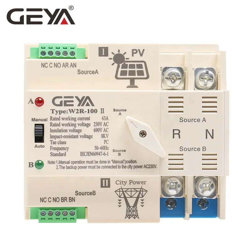 

GEYA Photovoltaic Solar Power Dual Power Automatic Transfer Switch price Din Rail 2P 63A AC220V ATS PV System Power Use Only