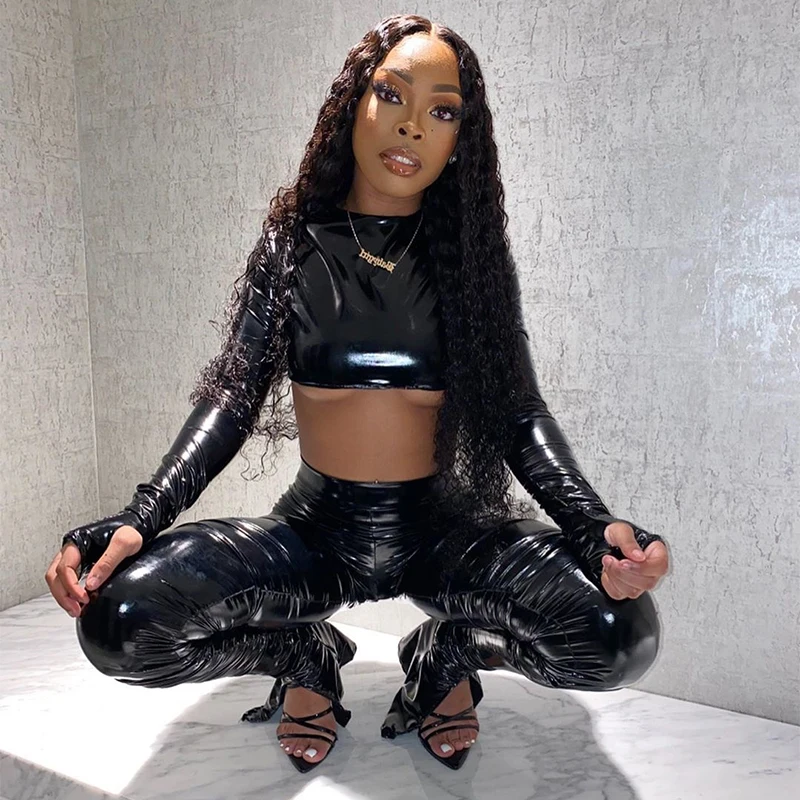 Bomblook A20568S PU leather Stacked Pants Women Two Piece Set Long Sleeve Solid Black Crop Top+Stacked Pant Set 2021 NEW Arrival
Bomblook A20568S PU leather Stacked Pants Women Two Piece Set Long Sleeve Solid Black Crop Top+Stacked Pant Set 2021 NEW Arrival