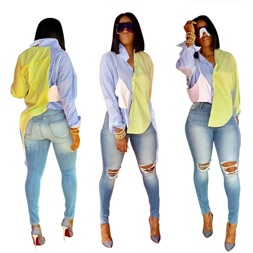 New ladies blouses striped stitching long-sleeved wild irregular women's plus size t-shirts, Customized color
New ladies blouses striped stitching long-sleeved wild irregular women's plus size t-shirts, Customized color