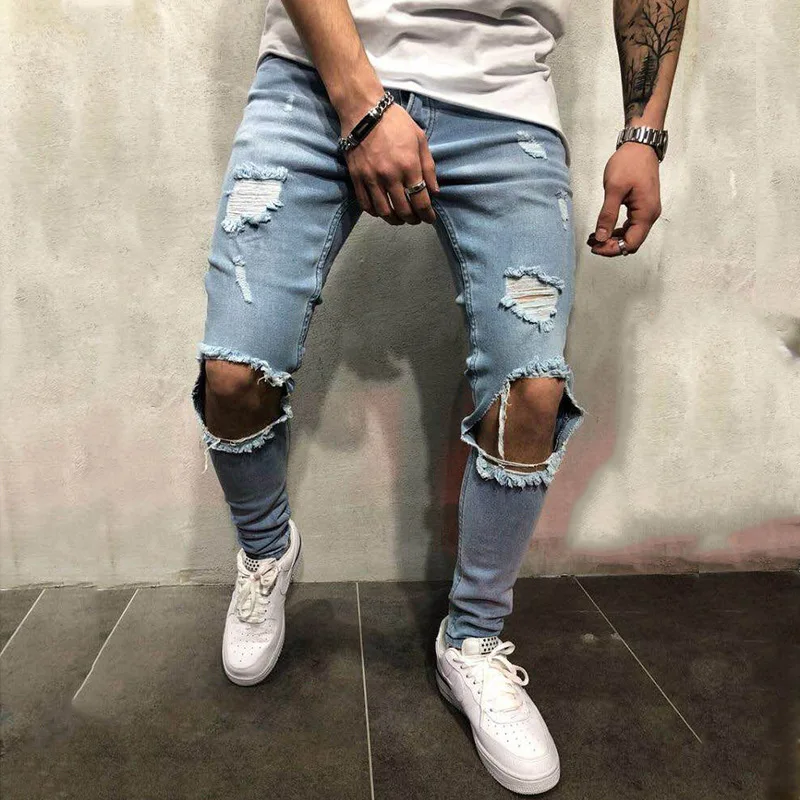 Wholesale Men Blue Distressed Denim Trousers Pencil Pants Hip Hop Fashion Stretch Washed Slim Jeans, Customized color
Wholesale Men Blue Distressed Denim Trousers Pencil Pants Hip Hop Fashion Stretch Washed Slim Jeans, Customized color