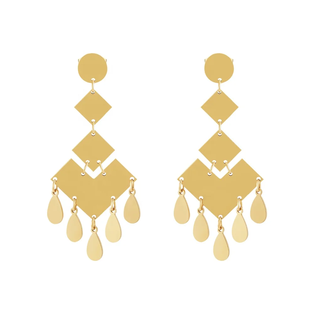 

Latest 18K Gold Plated Stainless Steel Jewelry Geometric Rhombus Water Drop Tassel For Women Party Accessories Earrings E231502
