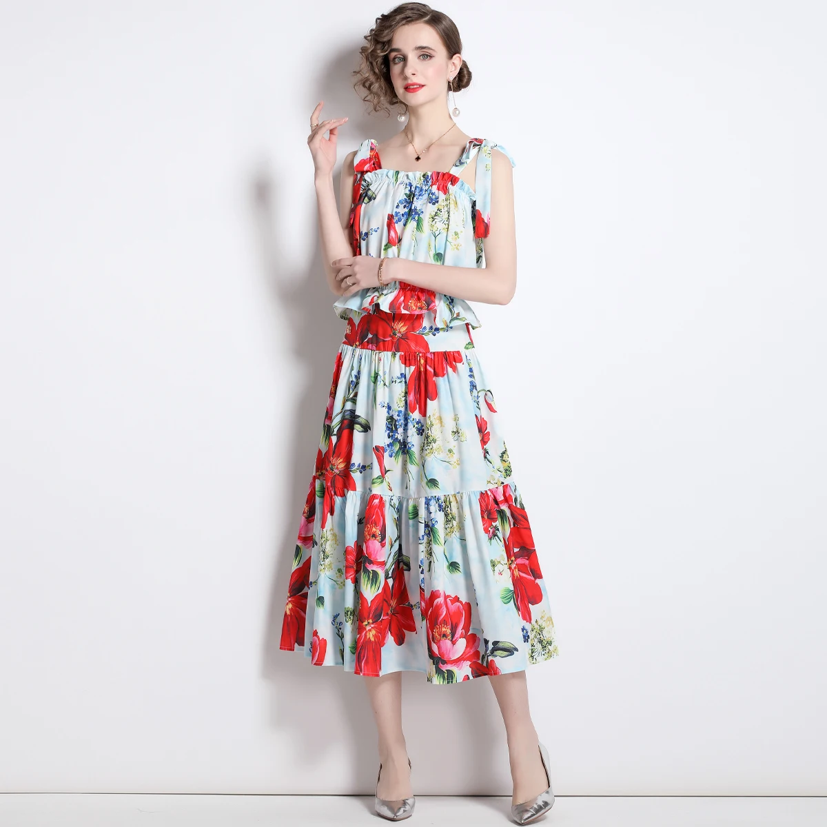 Designer Tie Neck Summer Floral Print Sweet Ruffle Blouse and Pleated Long Skirt Set for Women
Designer Tie Neck Summer Floral Print Sweet Ruffle Blouse and Pleated Long Skirt Set for Women