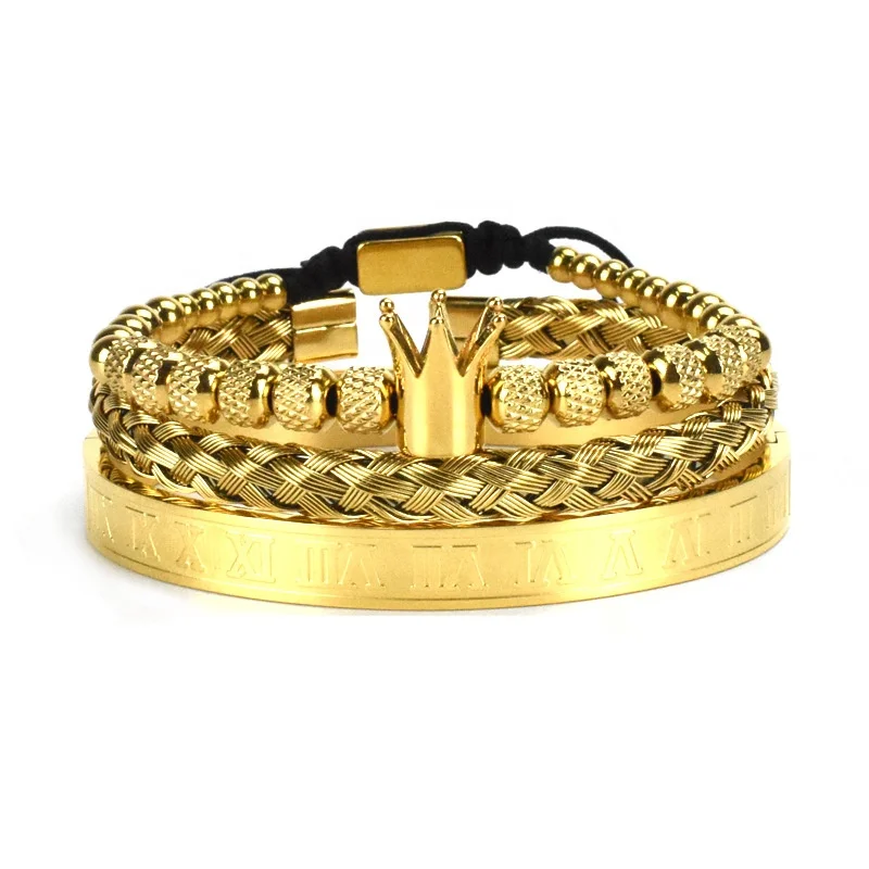 

3pcs_set Gold Crown Bracelet Set Roman Numbers Engraved Bangle Cz Crown Braided Macrame Brass Men's Bracelet, Picture shows