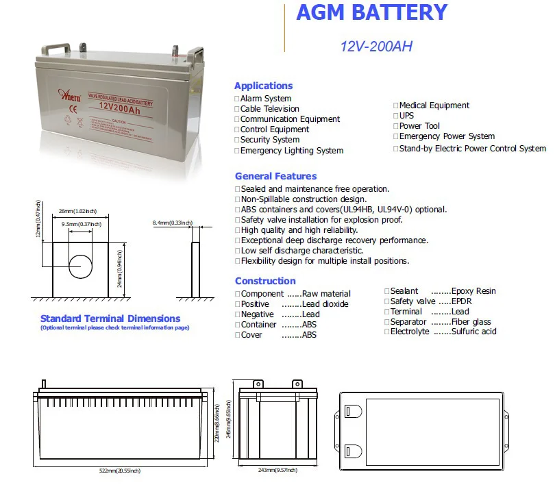 Portable industry solar powered panel battery 250AH 12v