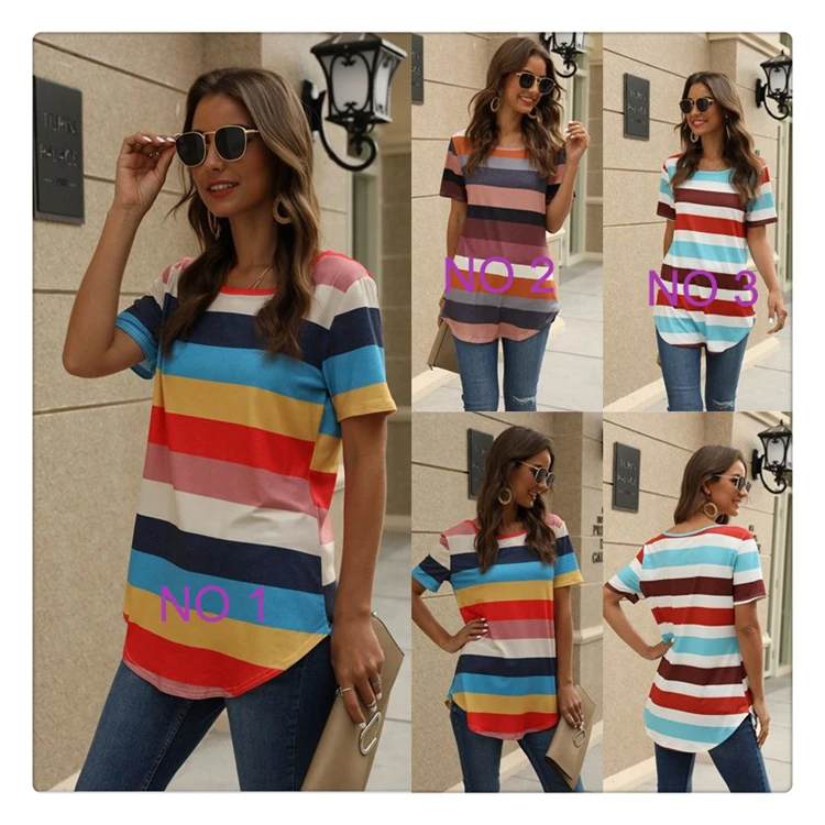 2020 T-shirt striped print short sleeve causal womens striped t shirts, Customized color/as show
2020 T-shirt striped print short sleeve causal womens striped t shirts, Customized color/as show