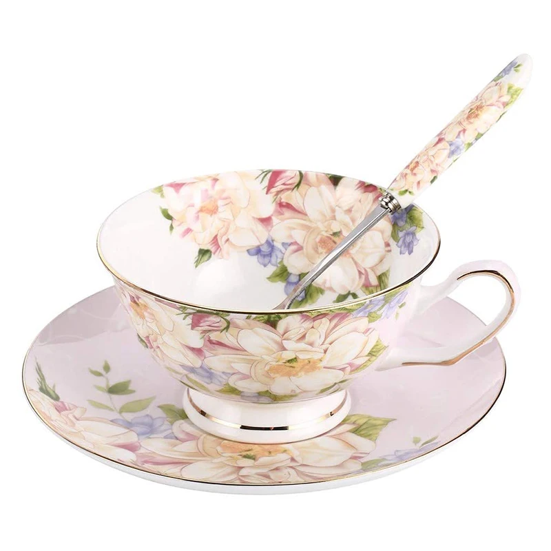 Wholesale 7oz Two Flower Ceramic Gold Rim Coffee Mugs Red Tea Cup and Saucer Set With Spoon, Light blue/pink
Wholesale 7oz Two Flower Ceramic Gold Rim Coffee Mugs Red Tea Cup and Saucer Set With Spoon, Light blue/pink