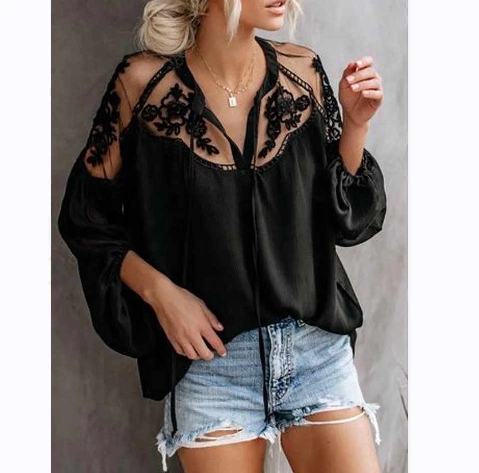 Lace Ruffles Mesh Women's Blouses & Shirts Crop Top V Neck Sexy Perspective Long Sleeve Ladies Tops Black Lace Shirt
Lace Ruffles Mesh Women's Blouses & Shirts Crop Top V Neck Sexy Perspective Long Sleeve Ladies Tops Black Lace Shirt