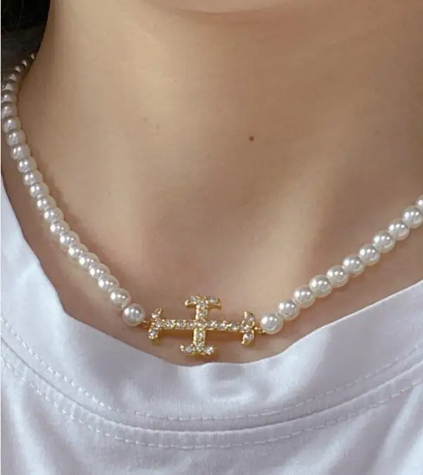 Waterproof Jewelry Choker Necklace Stainless Steel Gold Plated Round Pearl Chain Special Diamond Cross Pendant Necklace
Waterproof Jewelry Choker Necklace Stainless Steel Gold Plated Round Pearl Chain Special Diamond Cross Pendant Necklace