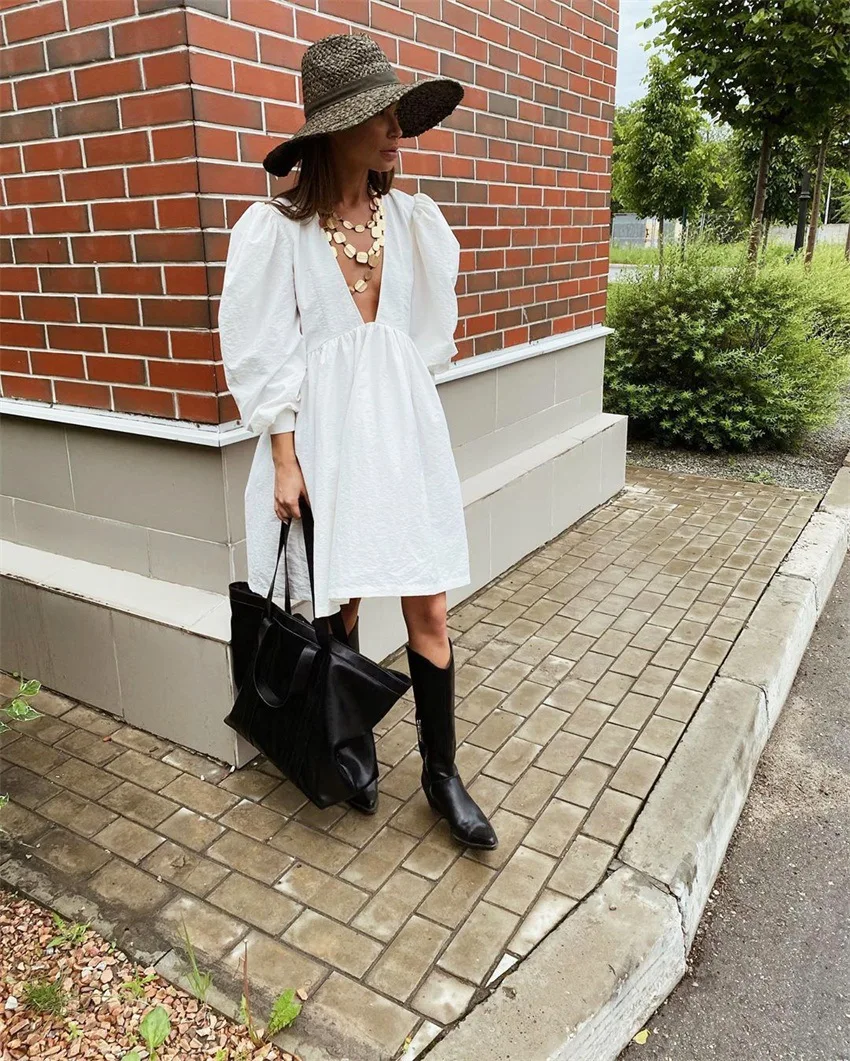 Spring Summer 2021 New Women's Puff Sleeve Sexy club Dress Deep V-neck Long Sleeve Loose Midi dress A-Line black Three vestidos
Spring Summer 2021 New Women's Puff Sleeve Sexy club Dress Deep V-neck Long Sleeve Loose Midi dress A-Line black Three vestidos