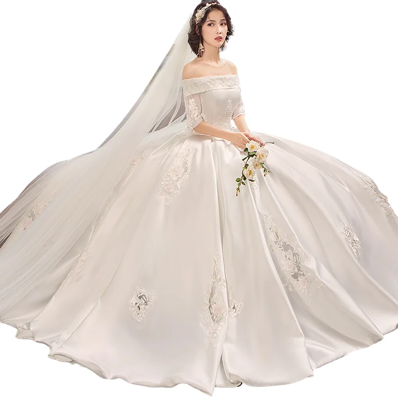 Satin wedding dress brides thin one shoulder simple performance wedding dress, Picture
Satin wedding dress brides thin one shoulder simple performance wedding dress, Picture
