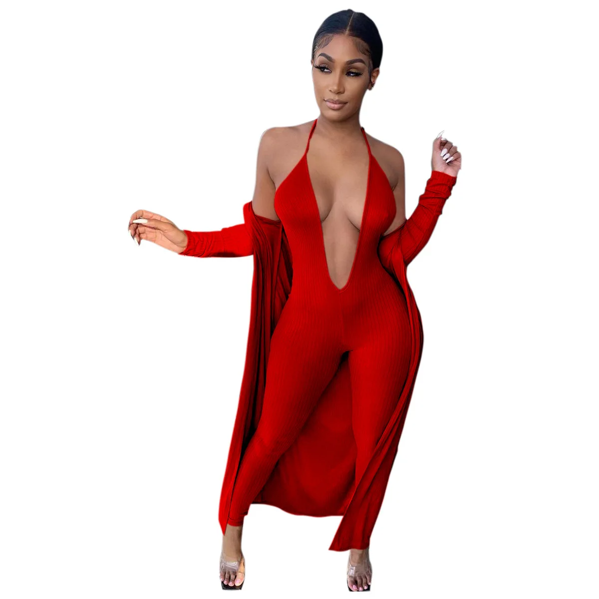 Dropshipping Autumn Women's Sexy Sling Deep v Jumpsuit And Long Sleeve Ribbed Coat New Designer Black Two Piece Pants Set
Dropshipping Autumn Women's Sexy Sling Deep v Jumpsuit And Long Sleeve Ribbed Coat New Designer Black Two Piece Pants Set