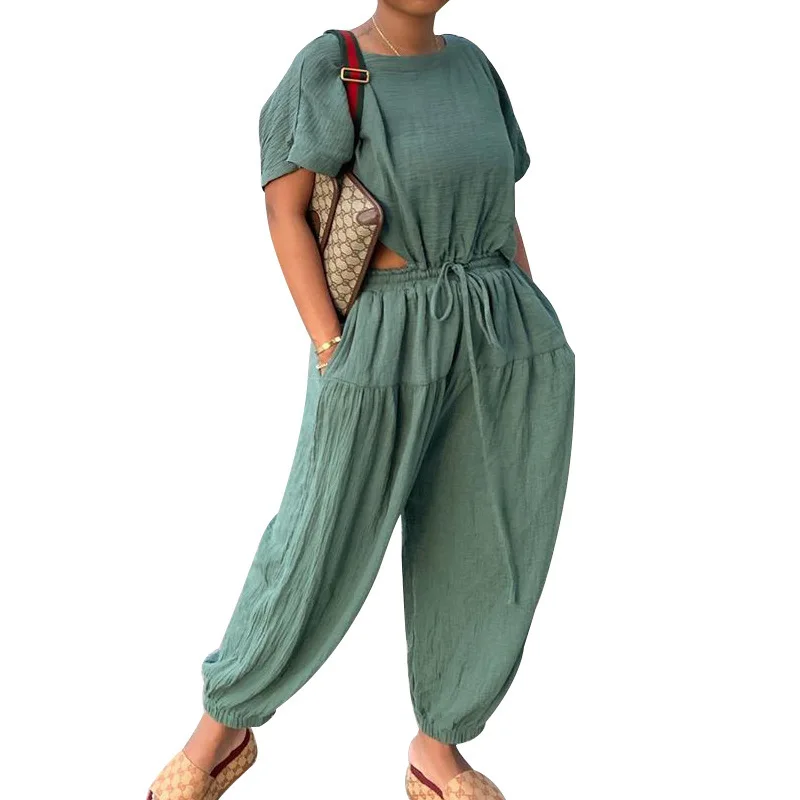 summer Amazon European and American women's elastic cotton and linen fashion casual wide-leg pants two-piece suit
summer Amazon European and American women's elastic cotton and linen fashion casual wide-leg pants two-piece suit