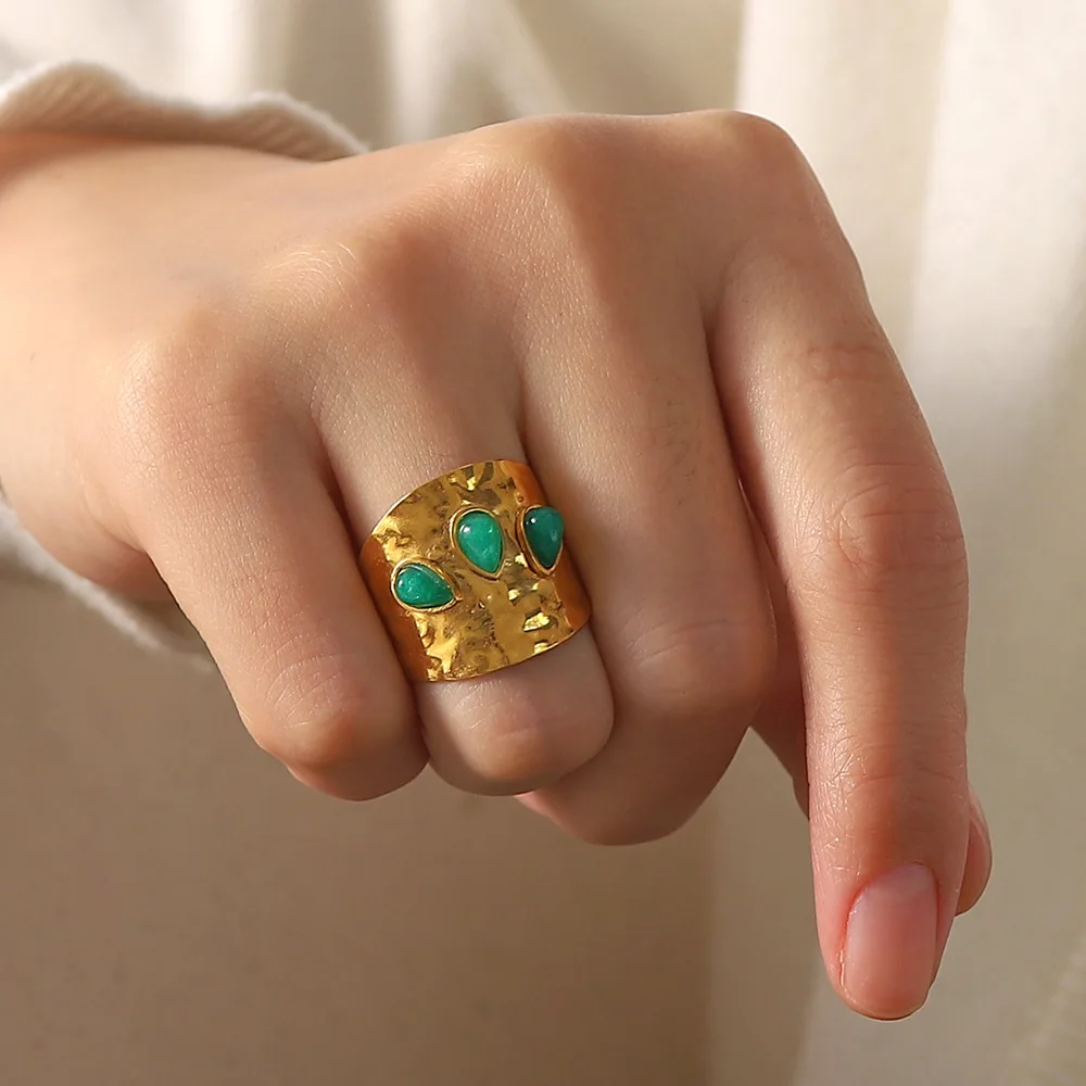Stainless Steel 18k Gold Width Jewelry Party Gift Retro Exaggerated Large Three Green Natural Stone Setting Open Ring
Stainless Steel 18k Gold Width Jewelry Party Gift Retro Exaggerated Large Three Green Natural Stone Setting Open Ring