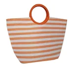 Beautiful ladies stripe line casual tote beach bag cheap natural paper straw and polyester material handbag round handle