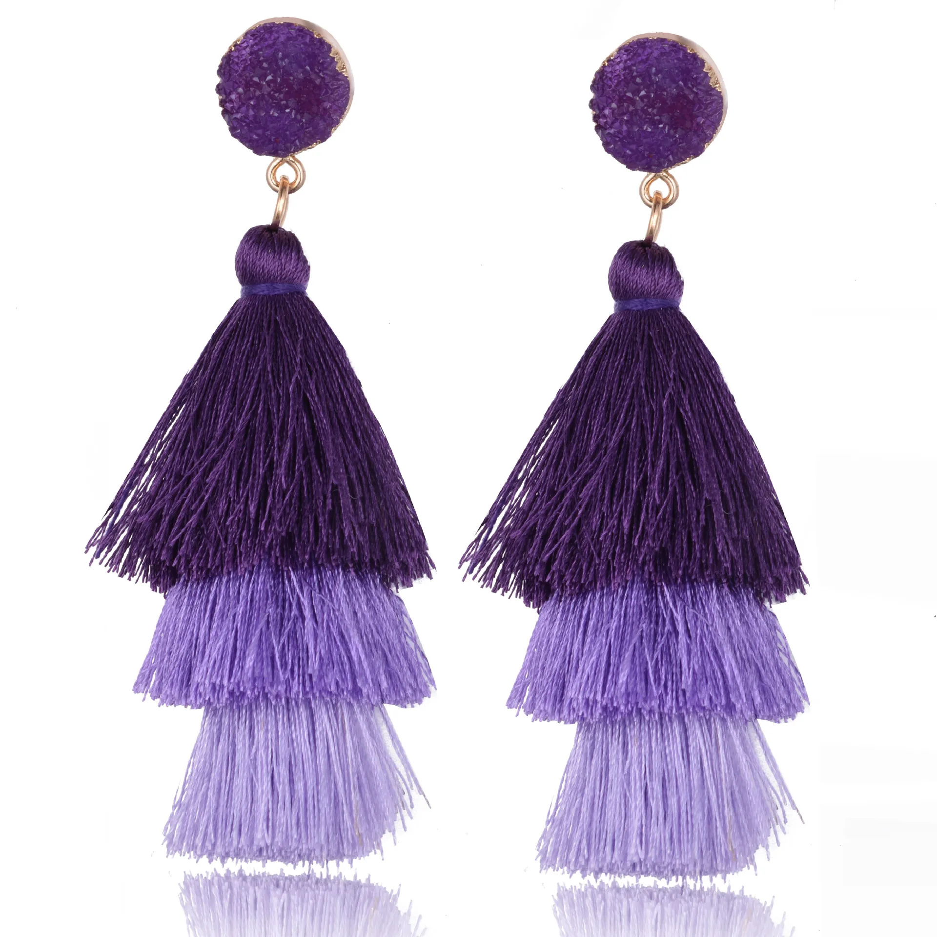 Bohemian Handmade Druzy Crystal Stud gradient color 3 Layered Silk Thread Tassel Dangle Earrings Long Tassel Fringe Earrings
Bohemian Handmade Druzy Crystal Stud gradient color 3 Layered Silk Thread Tassel Dangle Earrings Long Tassel Fringe Earrings