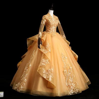 New design Floor-Length Hemline Bridal Gown Long sleeves high neck lace embroidery golden luxury muslim wedding dress, As shown
New design Floor-Length Hemline Bridal Gown Long sleeves high neck lace embroidery golden luxury muslim wedding dress, As shown