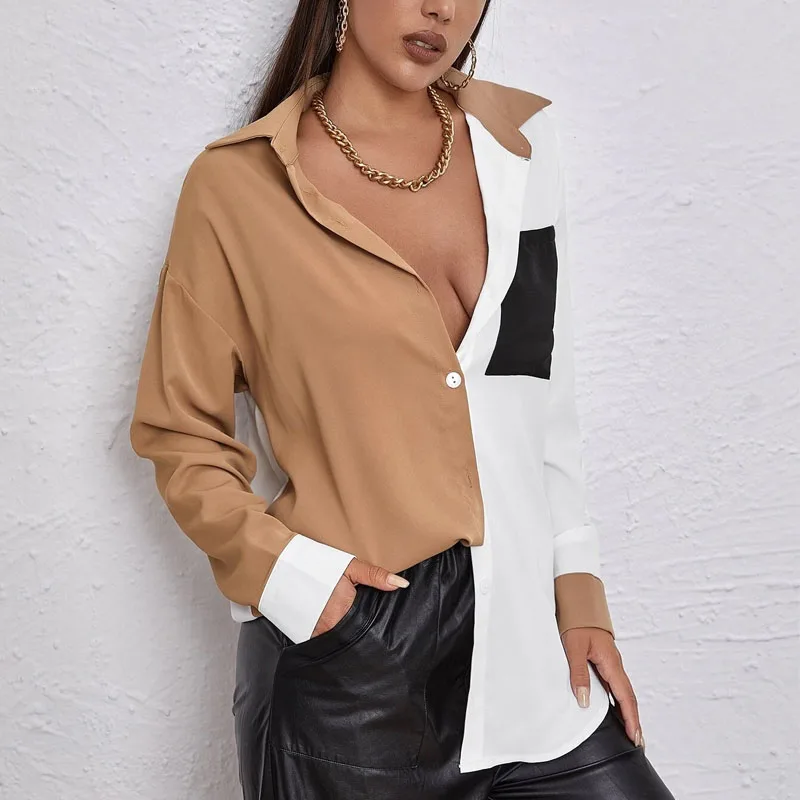 2021 Spring Long Sleeve Button Block Color Ladies' T-Shirt Woman Tops Fashionable, Picture color
2021 Spring Long Sleeve Button Block Color Ladies' T-Shirt Woman Tops Fashionable, Picture color