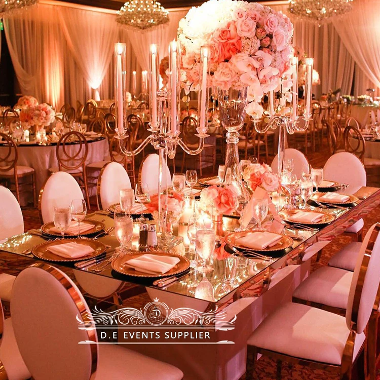 Wholesale rectangle stainlese steel glass wedding dining table set modern