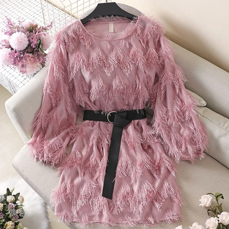 2020 Autumn Winter Fashion Women's Round Neck Belted Slim Fluffy Fringe Dress, Various
2020 Autumn Winter Fashion Women's Round Neck Belted Slim Fluffy Fringe Dress, Various