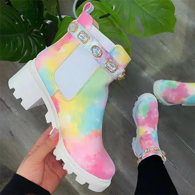 

Colorful Rhinestone Buckle Martin Boots Thick-soled Thick Heel Nude Boots Woman Chelsea Boot, Customized color