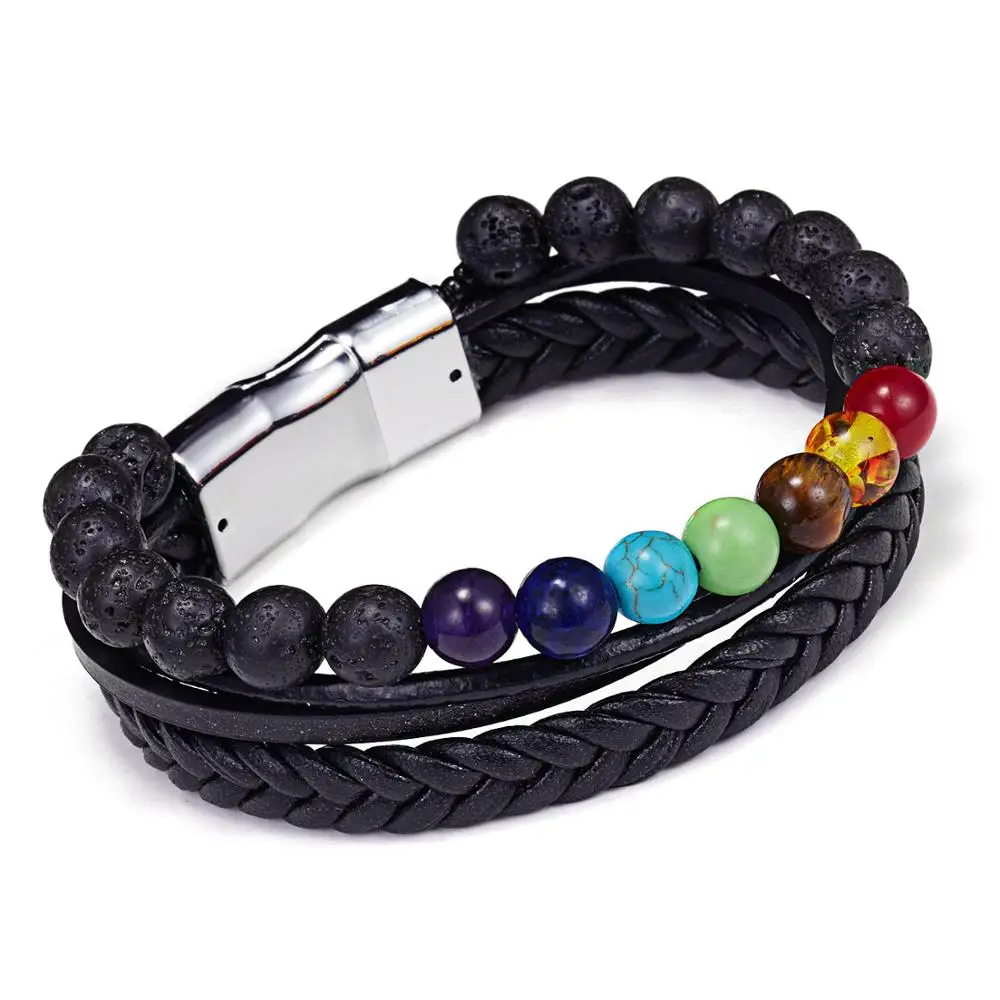 Fashion 3 Layer Seven Chakra Natural Stone Magnet Buckle Leather Bracelet Bangle For Men
Fashion 3 Layer Seven Chakra Natural Stone Magnet Buckle Leather Bracelet Bangle For Men