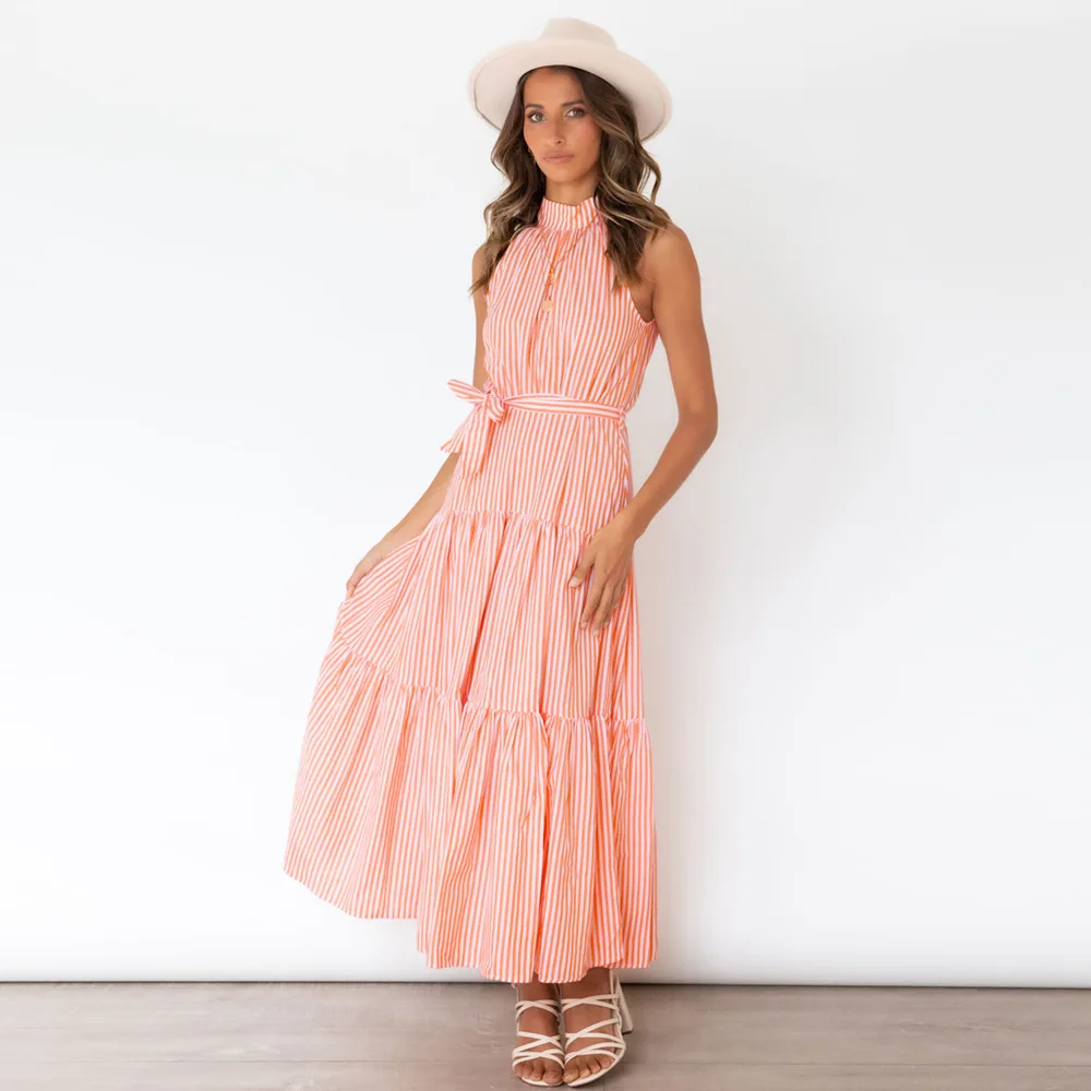 2022 Summer new style striped hanging neck dress Slim temperament long skirt European and American foreign trade supply
2022 Summer new style striped hanging neck dress Slim temperament long skirt European and American foreign trade supply