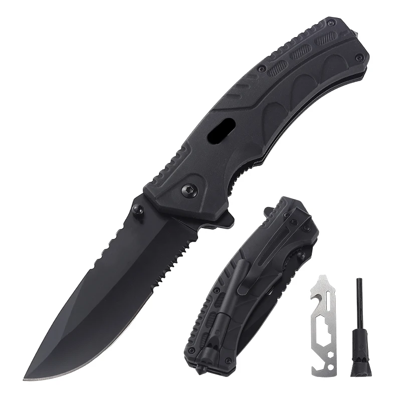 Utility Black Serrated Knife ABS Handle Outdoor Folding Knife With Fire-Starter and Hex Screwdriver Multitool
Utility Black Serrated Knife ABS Handle Outdoor Folding Knife With Fire-Starter and Hex Screwdriver Multitool