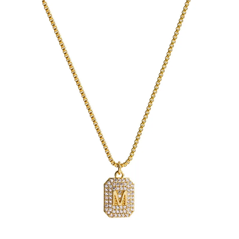 New Stainless Steel 18K Gold Plated Box Chain Crystal Square Tags Alaphbet Letter Pendant Necklace Initial Letter M Necklace
New Stainless Steel 18K Gold Plated Box Chain Crystal Square Tags Alaphbet Letter Pendant Necklace Initial Letter M Necklace