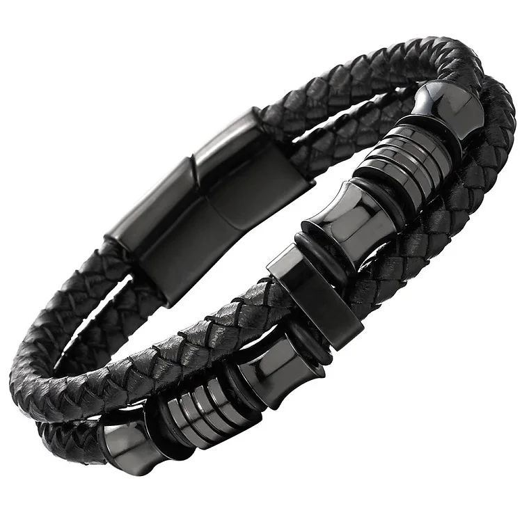 Mens Double-Row Black Braided Leather Bracelet Bangle Wristband with Black Stainless Steel Ornaments
Mens Double-Row Black Braided Leather Bracelet Bangle Wristband with Black Stainless Steel Ornaments