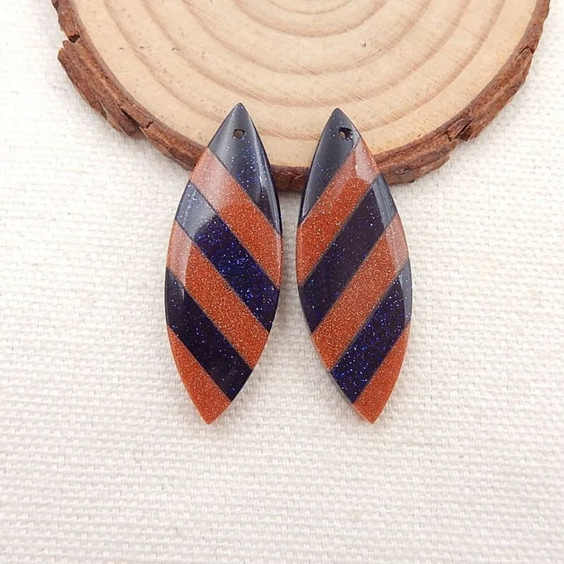 Polished Semiprecious Stone Goldstone Intarsia Marquise Earrings With Blue And Red Stripes, For Jewelry Making, 38x14mm, 6.8g
Polished Semiprecious Stone Goldstone Intarsia Marquise Earrings With Blue And Red Stripes, For Jewelry Making, 38x14mm, 6.8g