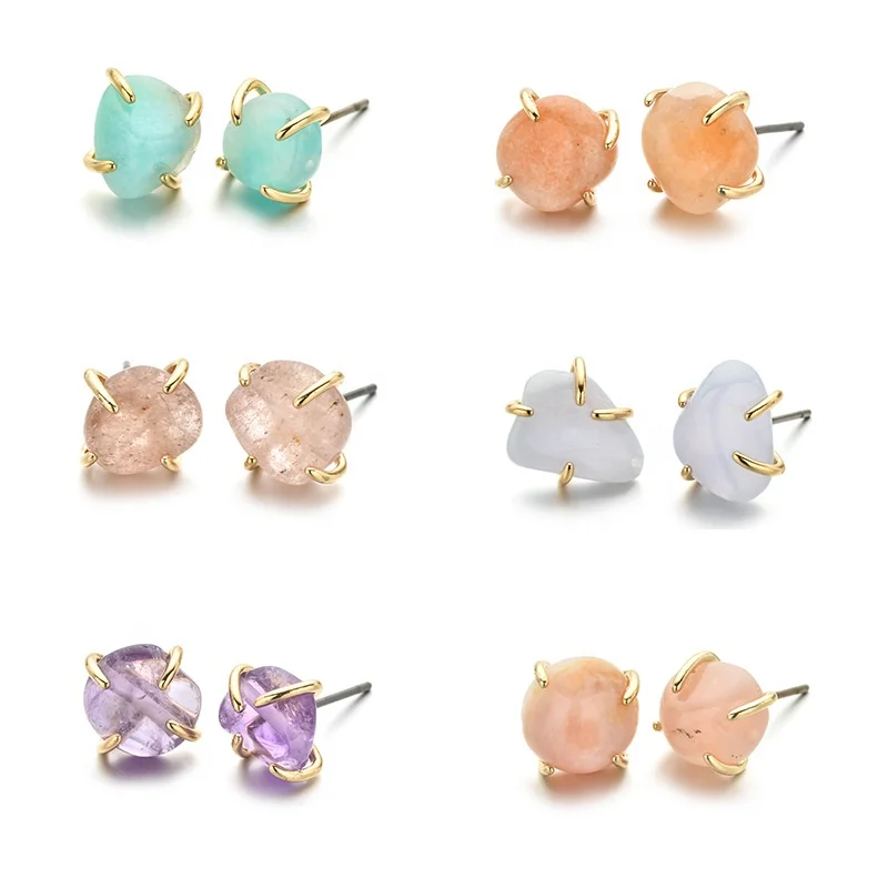 

High Quality Natural Stone Earrings Girl Jewelry 14k Real Gold Plated 6 Prong Inlaid Crystal Amethyst Pink Quartz Stud Earrings, Amethyst,orange,gray,blue,crystal,pink opal,white