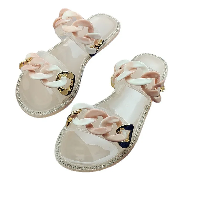 Fashion Ladies Slippers Transparent Chain PVC Jelly Sandals Ladies Flat Sandals Open Toe Pull-on, Picture
Fashion Ladies Slippers Transparent Chain PVC Jelly Sandals Ladies Flat Sandals Open Toe Pull-on, Picture