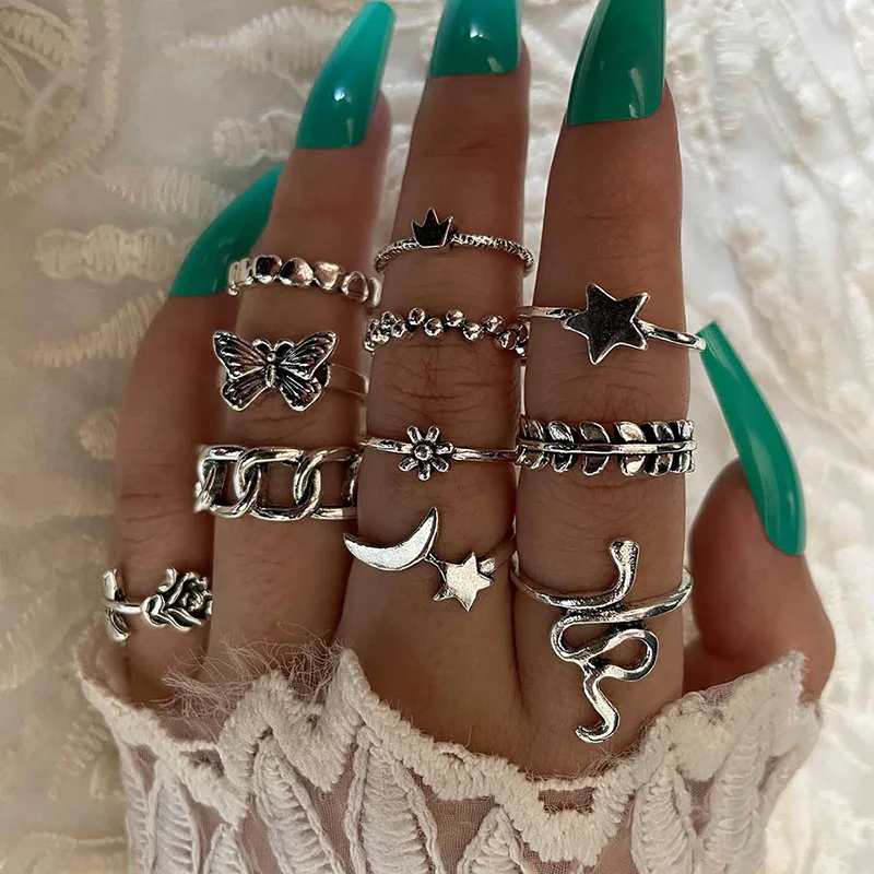 11 Pcs/Set Men Women Retro Symmetrical Butterfly Star Moon Snake Ring Rose Flower Leaf Crown Love ClassicRing Set Couple Gift, Silver
11 Pcs/Set Men Women Retro Symmetrical Butterfly Star Moon Snake Ring Rose Flower Leaf Crown Love ClassicRing Set Couple Gift, Silver