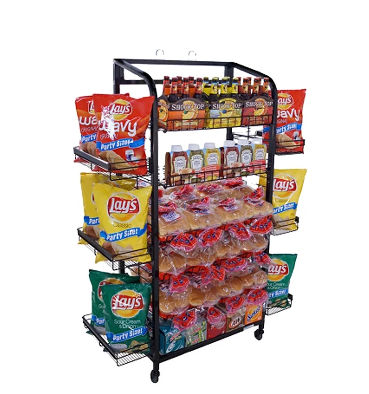 Advertising Equipment Free Standing Retail Store Equipment Metal Chips Display Rack With Wheels