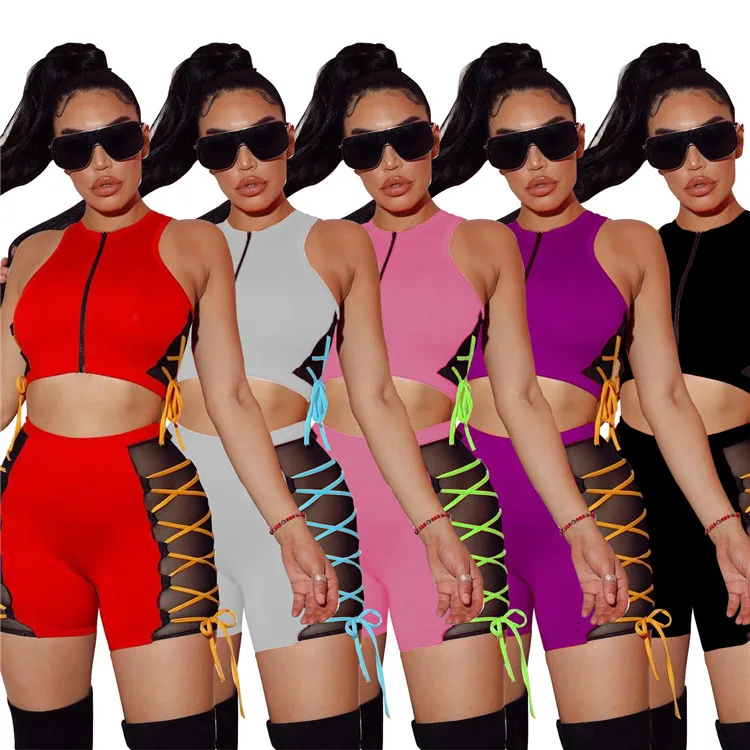 2021 Summer Women Two Pieces Sets Fashion Mesh Patchwork Round Neck Sleeveless Lace up Tees and Shorts Side Bandage Outfits S-XL, As picture
2021 Summer Women Two Pieces Sets Fashion Mesh Patchwork Round Neck Sleeveless Lace up Tees and Shorts Side Bandage Outfits S-XL, As picture