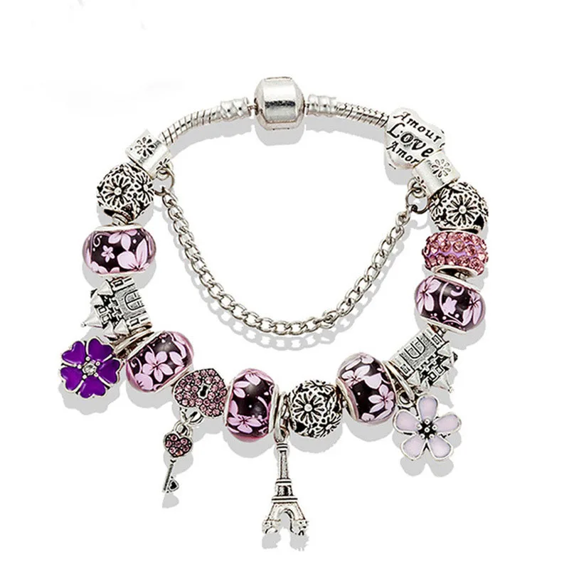 European DIY Jewelry Romantic Pink Glass Beaded Enamel Flower Charm Bracelet Crystal Heart Lock Key Tower Pendant Bracelet, As pictures
European DIY Jewelry Romantic Pink Glass Beaded Enamel Flower Charm Bracelet Crystal Heart Lock Key Tower Pendant Bracelet, As pictures