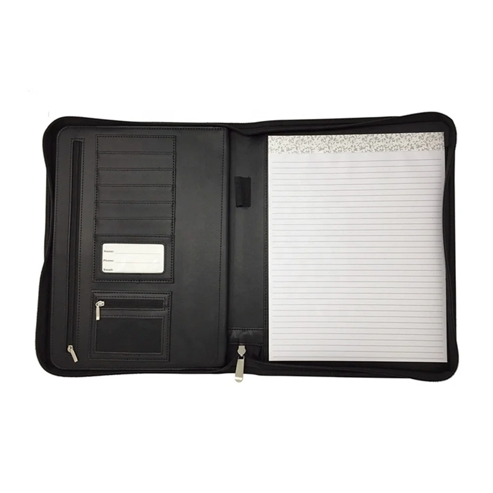Classic black zip portfolios PU leather zipper document folders with tablets sleeves large capacity businessmen folders hot
