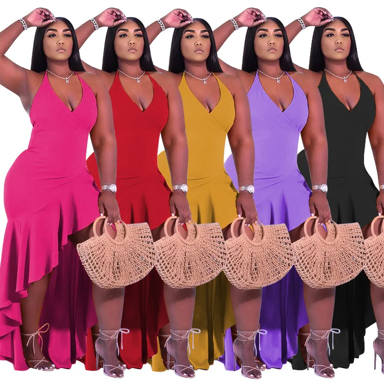E-A8071 Women V Neck Tight Backless Sleeveless Plus Size Ruffle Dress Spaghetti Strap Irregular Long Ladies Summer Dress
E-A8071 Women V Neck Tight Backless Sleeveless Plus Size Ruffle Dress Spaghetti Strap Irregular Long Ladies Summer Dress