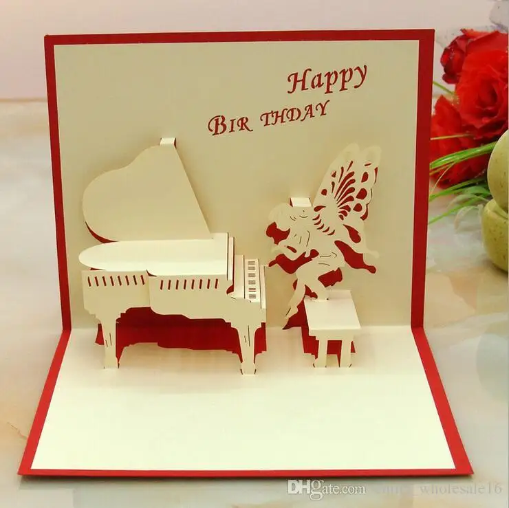 Happy วันเกิด 3D Pop Up บัตรอวยพรวันเกิด Happy เปียโน Angel การ์ดของขวัญ